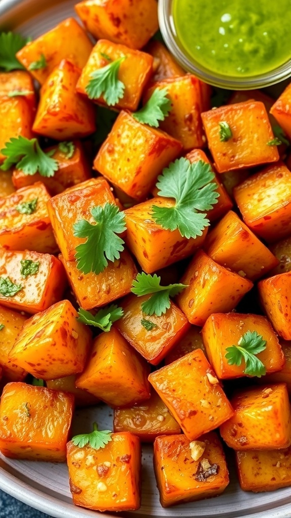 Crispy Aloo 65 served on a plate with coriander garnish and green chutney.
